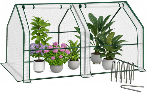 Mini Serre de jardin avec 2 portes enroulables bache PE renforcee 135g/m2 180x90x90cm Blanc - VOUNOT FR