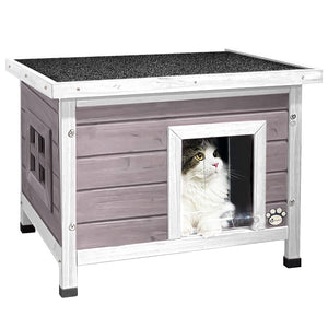 Maison pour Chat en bois avec toit bitumé autoportant et porte à lamelles PVC Gris - VOUNOT FR