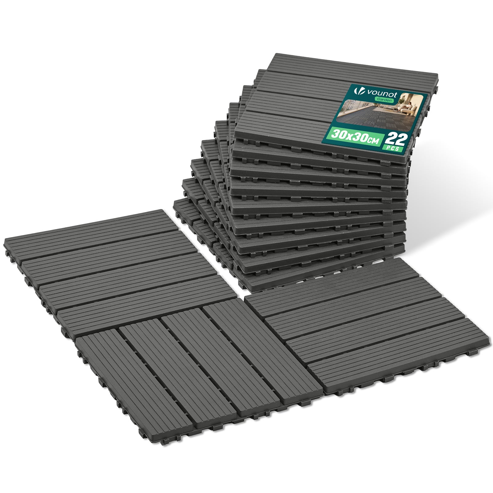 Lot de 22 dalles clipsables exterieures 30x30cm modulaire plastique anthracite - VOUNOT FR