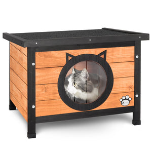 Maison pour Chat en bois avec toit bitumé et entrée en forme d'oreilles de chat - VOUNOT FR
