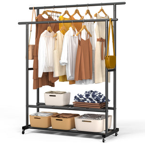 Portant a Vetements double avec roulettes et 2 etageres de rangement 121x40x147cm metal Noir - VOUNOT FR