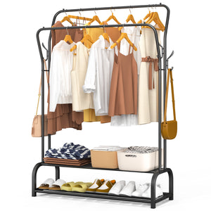 Portant a vetement double avec 2 niveaux etageres chaussures 4 Crochets Lateraux 110x35x146cm metal Noir - VOUNOT FR