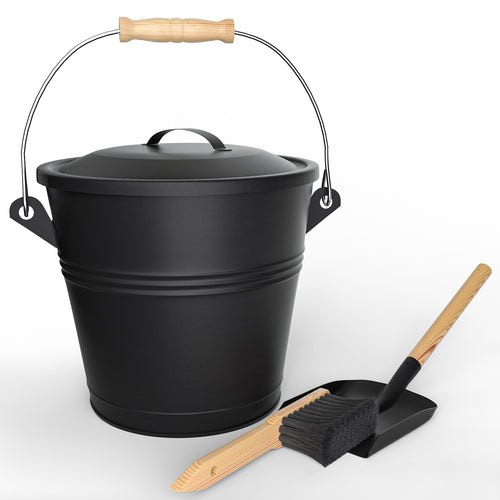 Seau à Cendres en Métal avec Couvercle Pelle et Balai à Main 5L Noir - VOUNOT FR