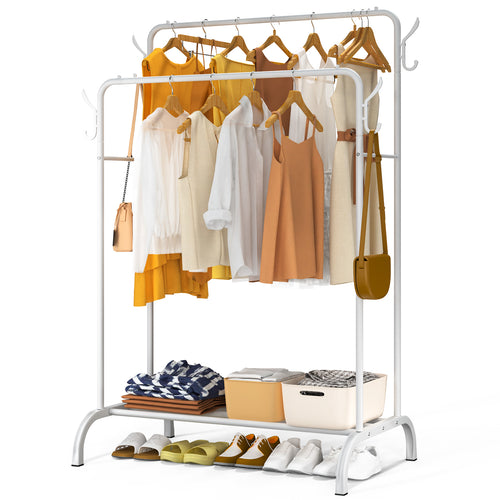 Portant a Vetements Double avec etagere Chaussures 4 Crochets Lateraux 110x58x150cm metal Blanc - VOUNOT FR