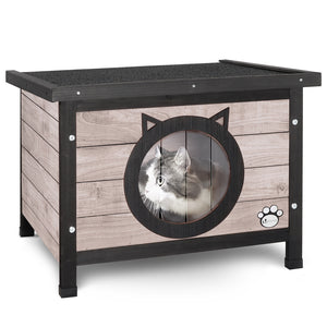 Maison pour Chat en bois avec toit bitumé et entrée en forme d'oreilles de chat Gris - VOUNOT FR