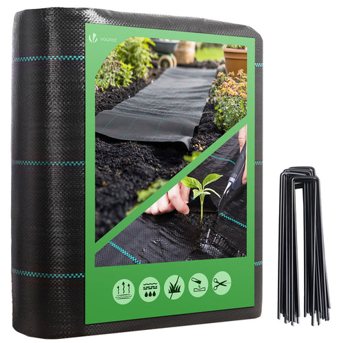 Toile de paillage contre les mauvaises herbes 25Mx2M avec 50 piquets Anti-UV 100g/m2 - VOUNOT FR