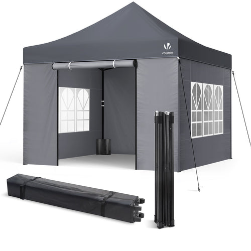 Tonnelle de jardin renforcée 3x3m pliable avec 4 parois et sac de transport a roulette gris - VOUNOT FR