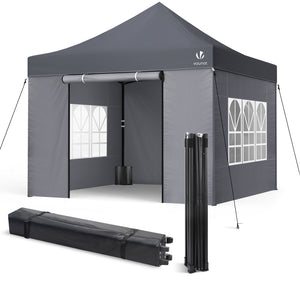 Tonnelle de jardin renforcée 3x3m pliable avec 4 parois et sac de transport a roulette gris - VOUNOT FR