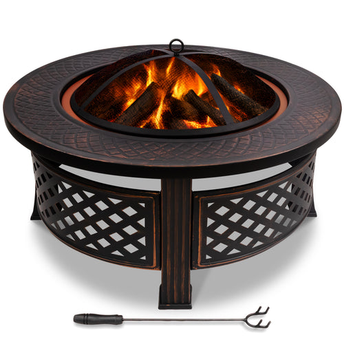 Brasero exterieur en metal avec grille, pare-etincelles tisonnier diametre 81cm noir - VOUNOT FR