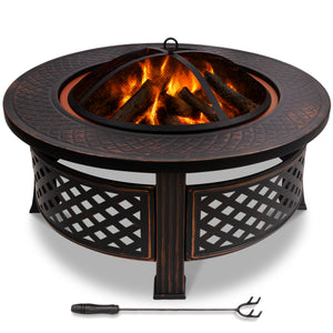 Brasero exterieur en metal avec grille, pare-etincelles tisonnier diametre 81cm noir - VOUNOT FR
