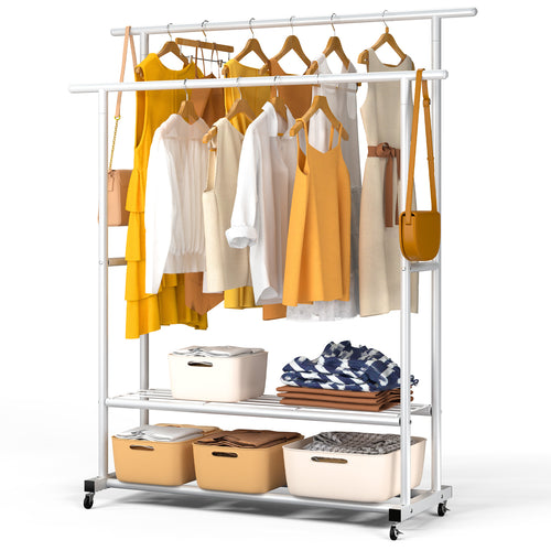 Portant a Vetements double avec roulettes et 2 etageres de rangement 120x40x146cm metal Blanc - VOUNOT FR