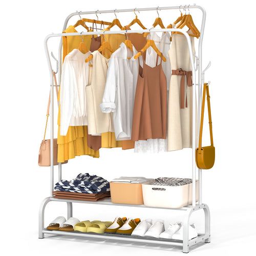 Portant a vetement double avec 2 niveaux etageres chaussures 4 Crochets Lateraux 110x35x146cm metal Blanc - VOUNOT FR