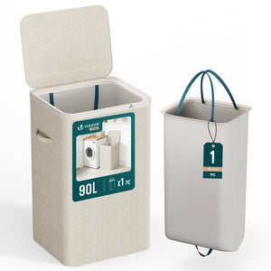 Panier a linge 1 compartiment et sac amovible auto ajustant avec couvercle 90L Beige - VOUNOT FR