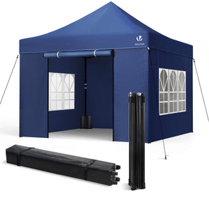 Tonnelle de jardin renforcée 3x3m pliable avec 4 parois et sac de transport a roulette bleue - VOUNOT FR