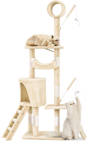 Arbre a chat 155cm multi niveaux Griffoir et niche Beige