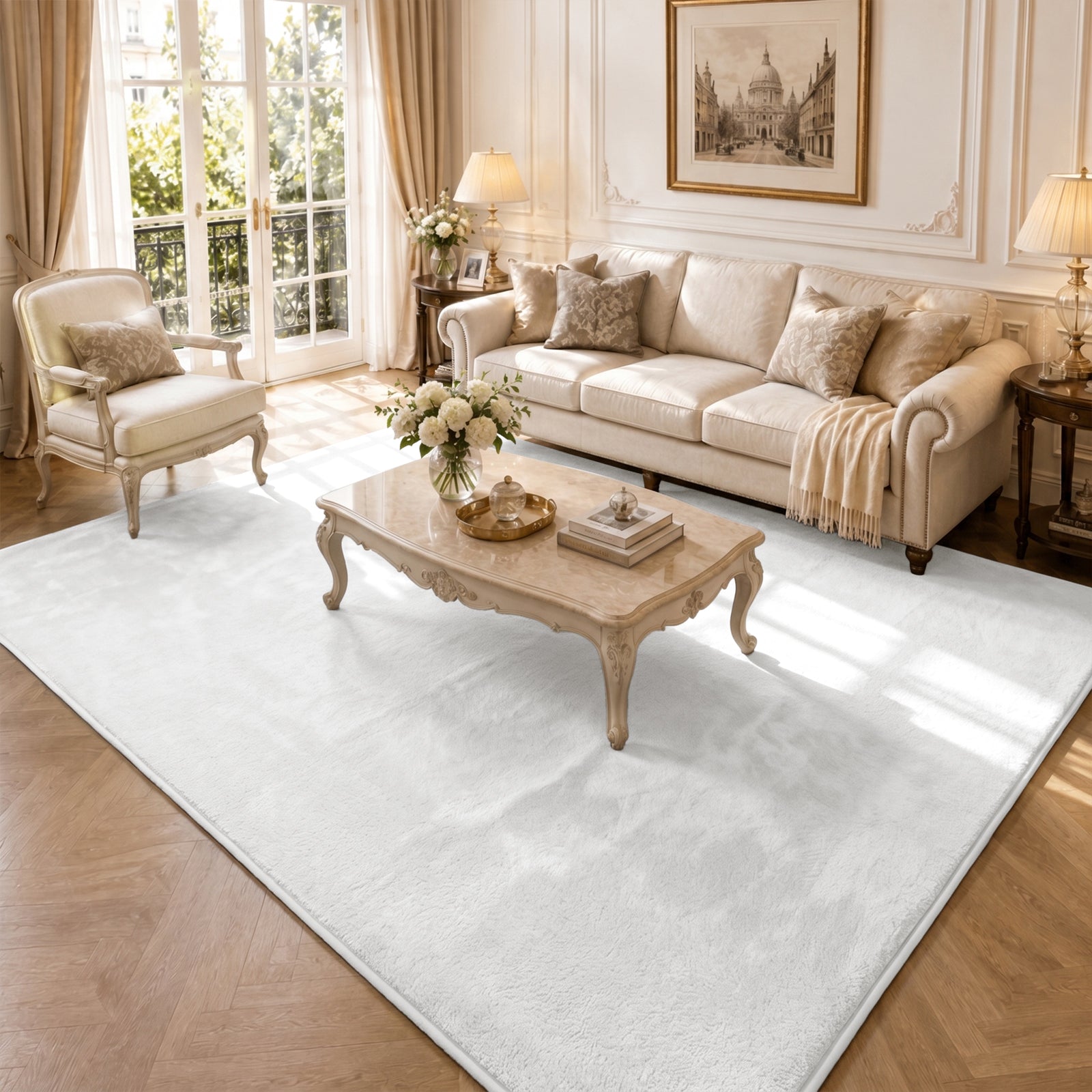 Tapis de salon poils ras doux antiderapant 200x300cm uni crème - VOUNOT FR