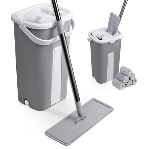 Balai microfibre et Seau Essoreur avec 6 serpillères Réutilisables Balai Plat Double compartiment gris - VOUNOT FR