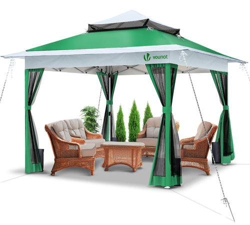 Tonnelle de jardin exterieure pliable avec moustiquaire 3.6x3.6m vert - VOUNOT FR