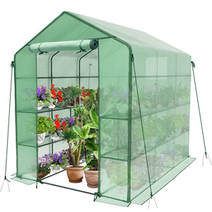 Serre de jardin avec etageres et bache PE renforcee 135g/m2 143x215x195cm Vert - VOUNOT FR