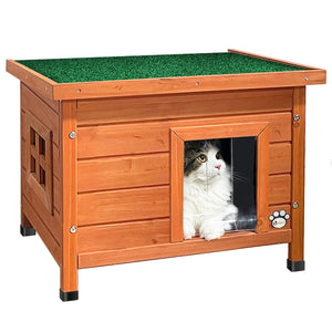 Maison pour Chat en bois avec toit bitumé autoportant et porte à lamelles PVC - VOUNOT FR