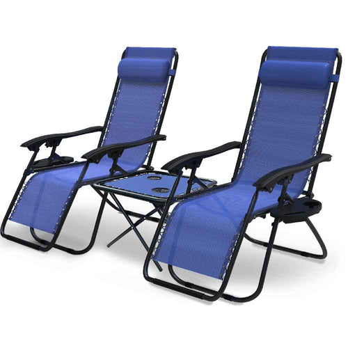 Lot de 2 Chaise longue inclinable en textilene avec table d'appoint porte gobelet et portable bleu - VOUNOT FR