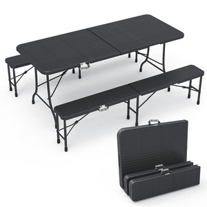 Ensemble de Table et bancs camping pliables 180cm HDPE Style Polyrotin noir - VOUNOT FR