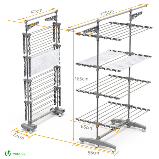 vounot Séchoir à Linge Tour 4 Niveaux Ailes Pliables en Acier Inoxydable  avec 6 Roues Grande Capacité Ultra Stable Étendoir à Linge 27 Mètres