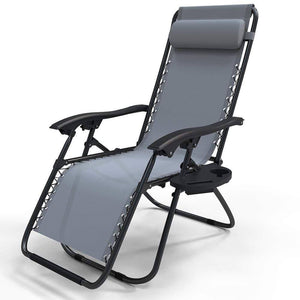 Chaise longue inclinable en textilene avec porte gobelet et portable gris - VOUNOT