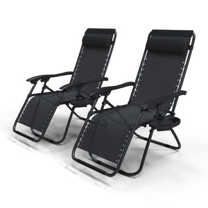 Chaise Longue inclinable en testilene avec porte gobelet et portable Noir Lot de 2 - VOUNOT